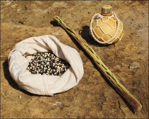 A bag of seed, a digging stick, and a gourd of water—the gifts of life.